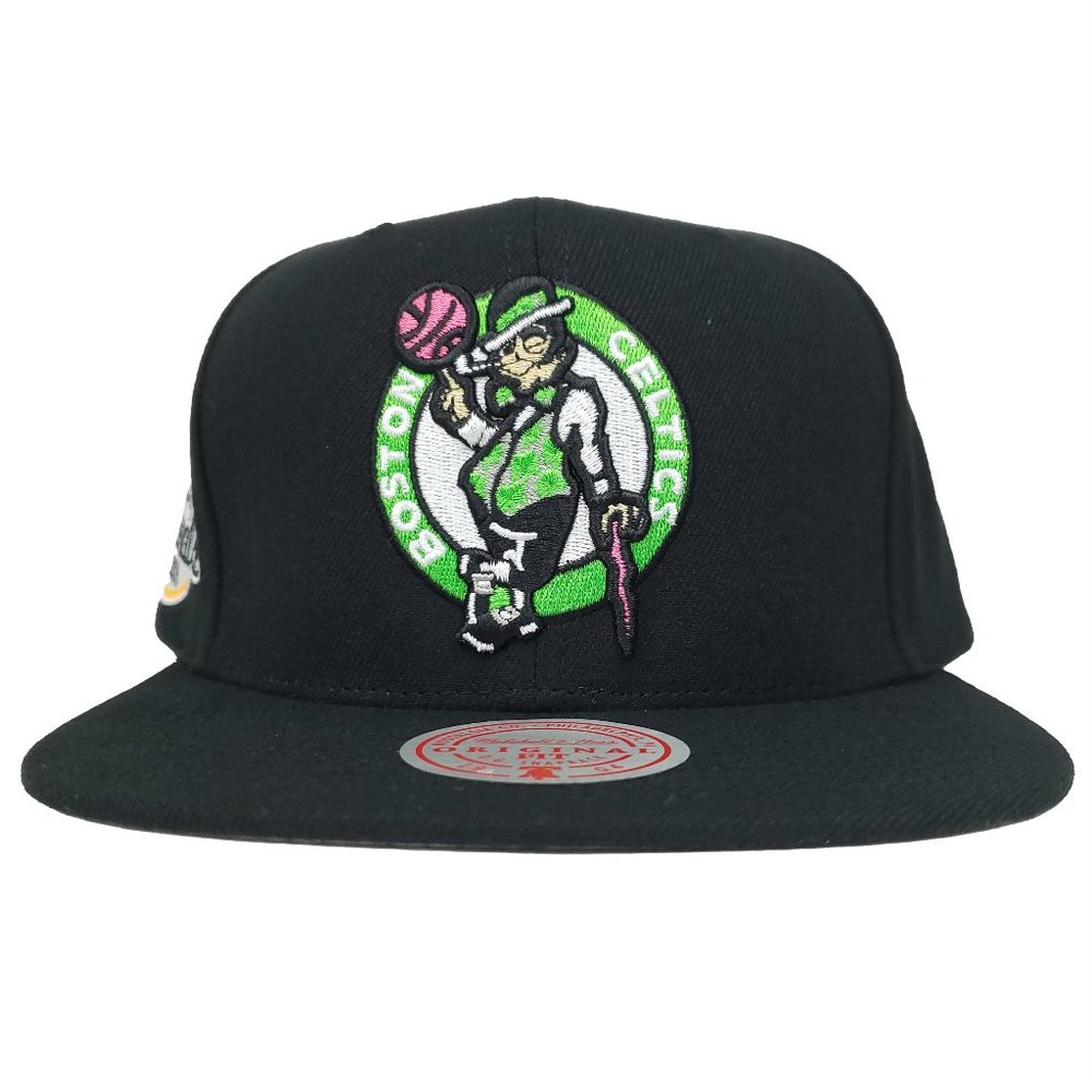 Boston Celtics Mitchell & Ness‎ NBA Snapback Hat Neon 3D Logo Black Cap NWT